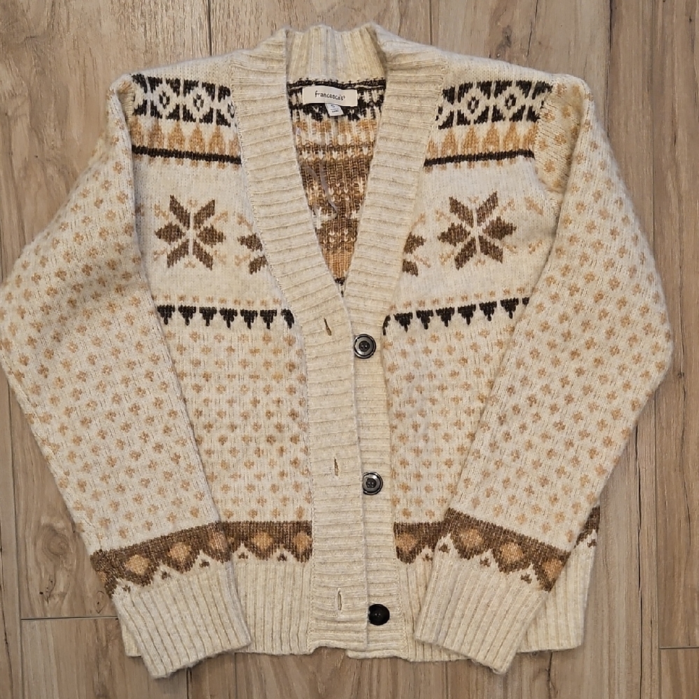 Francesca's Collections Cream and Brown Patterned Cardigan